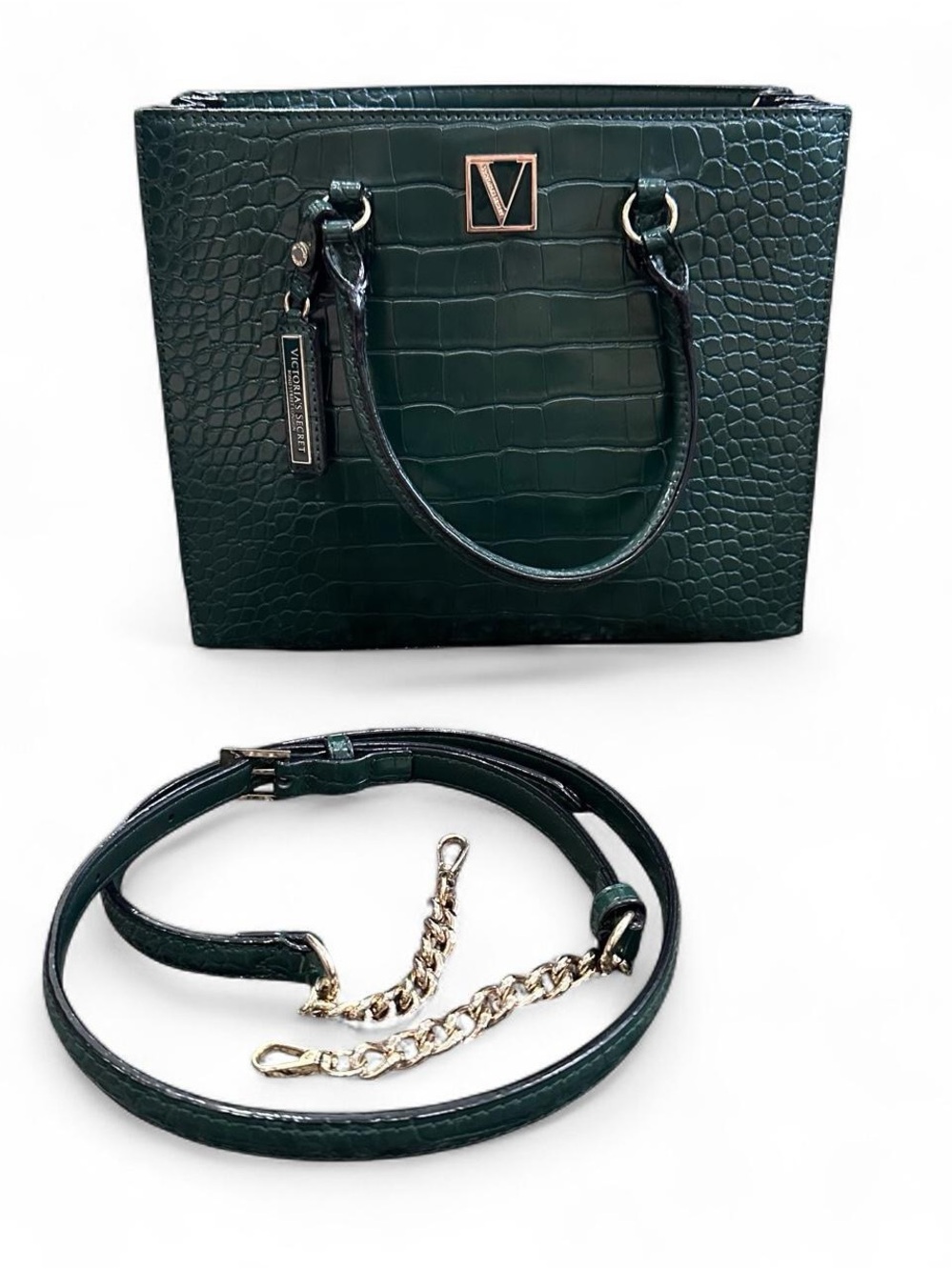 Victoria’s Secret Croc Embossed Mini Tote Crossbody Bag Green Gold Hardware